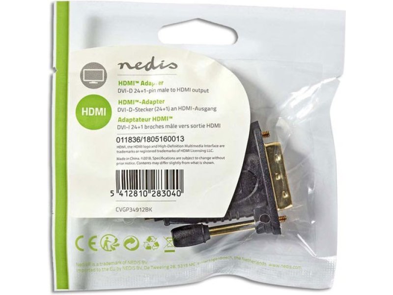 NEDIS CVGP34912BK Αντάπτορας DVI-D 24+1p αρσ. - HDMI θηλ., με Επίχρυσες Επαφές 0019622