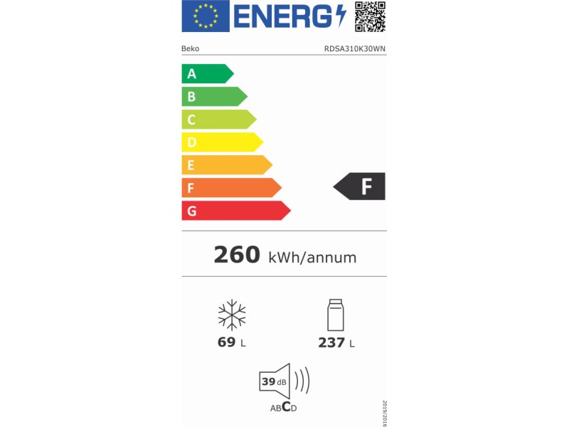 BEKO RDSA310K35WN Δίπορτο Ψυγείο 310lt - MinFrost - 175x60x60εκ - Λευκό 0032799