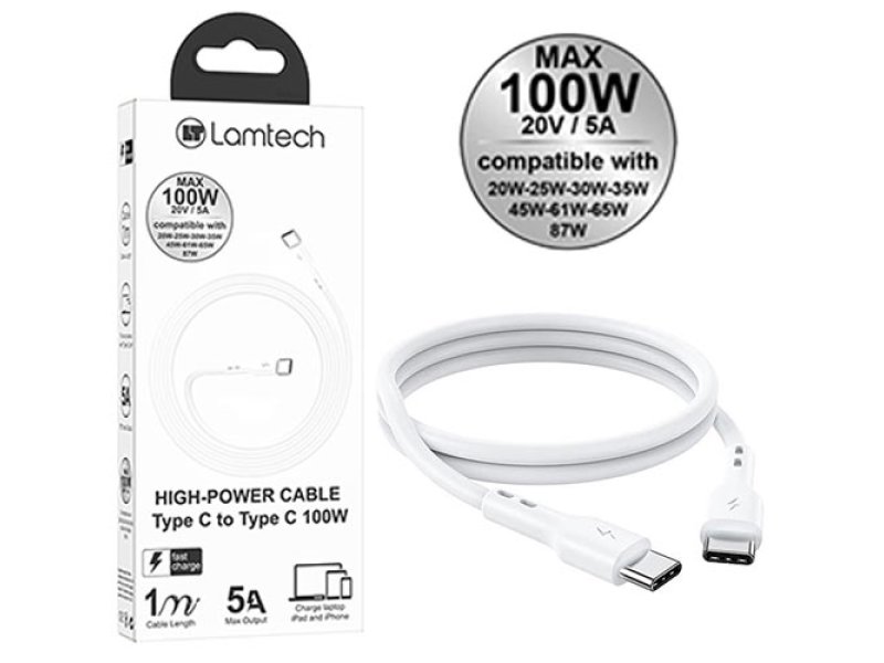 LAMTECH LAM023657 CABLE TYPE C TO TYPE C  100W FAST CHARGE 1M 0034343