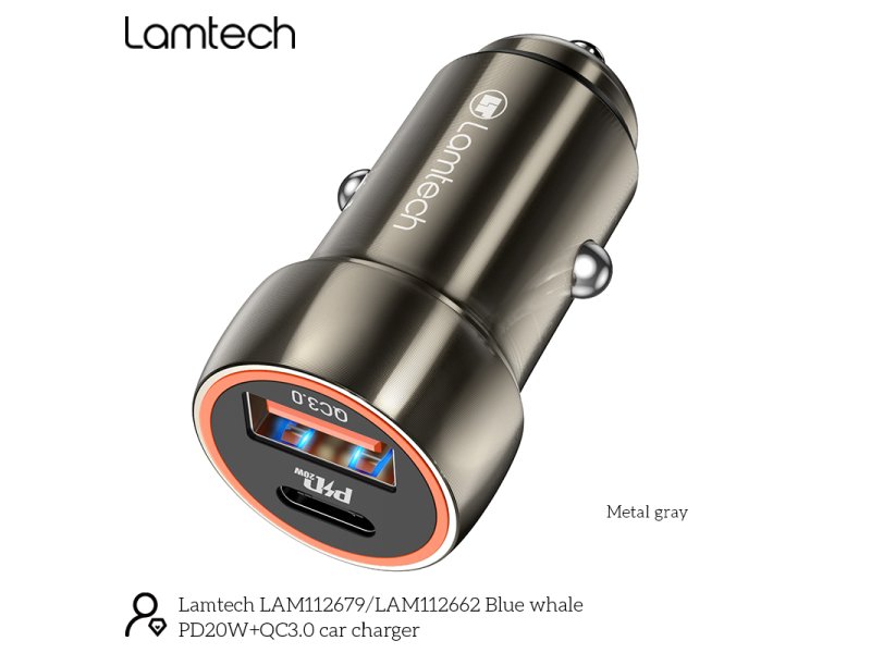 LAMTECH LAM112662 Φορτιστής Αυτοκινήτου Γκρι Γρήγορης Φόρτισης με Θύρες: 1xUSB 1xType-C 0034345