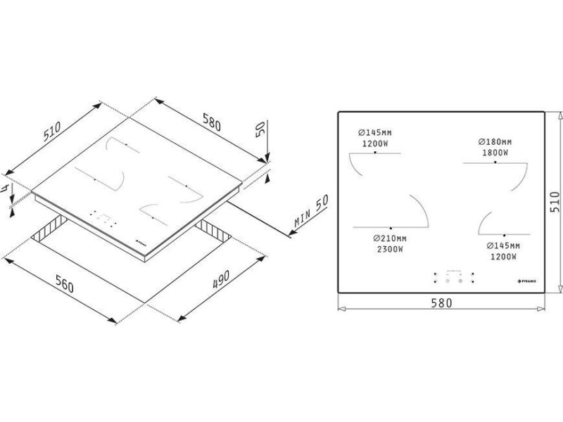 PYRAMIS PO782008SBL Φούρνος άνω Πάγκου 78lt χωρίς Εστίες Π59.5εκ Μαύρο 0037215