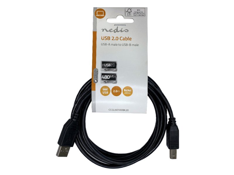 NEDIS CCGL60100BK20 USB 2.0 Καλώδιο USB-A Αρσ USB-B Αρσ 10W 2.00m Μαύρο 0040789